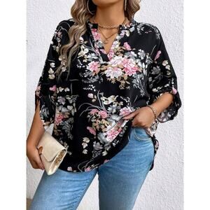 SHEIN CURVE+ Plus Size 32/34 Women's Floral Printed Casual Daily Shirt Blouse